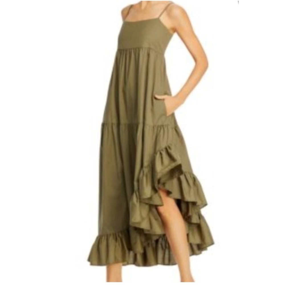 FRAME Gemma Maxi Dress Olive Green Cotton Asymmetrical Ruffle Tiered Midi Maxi M